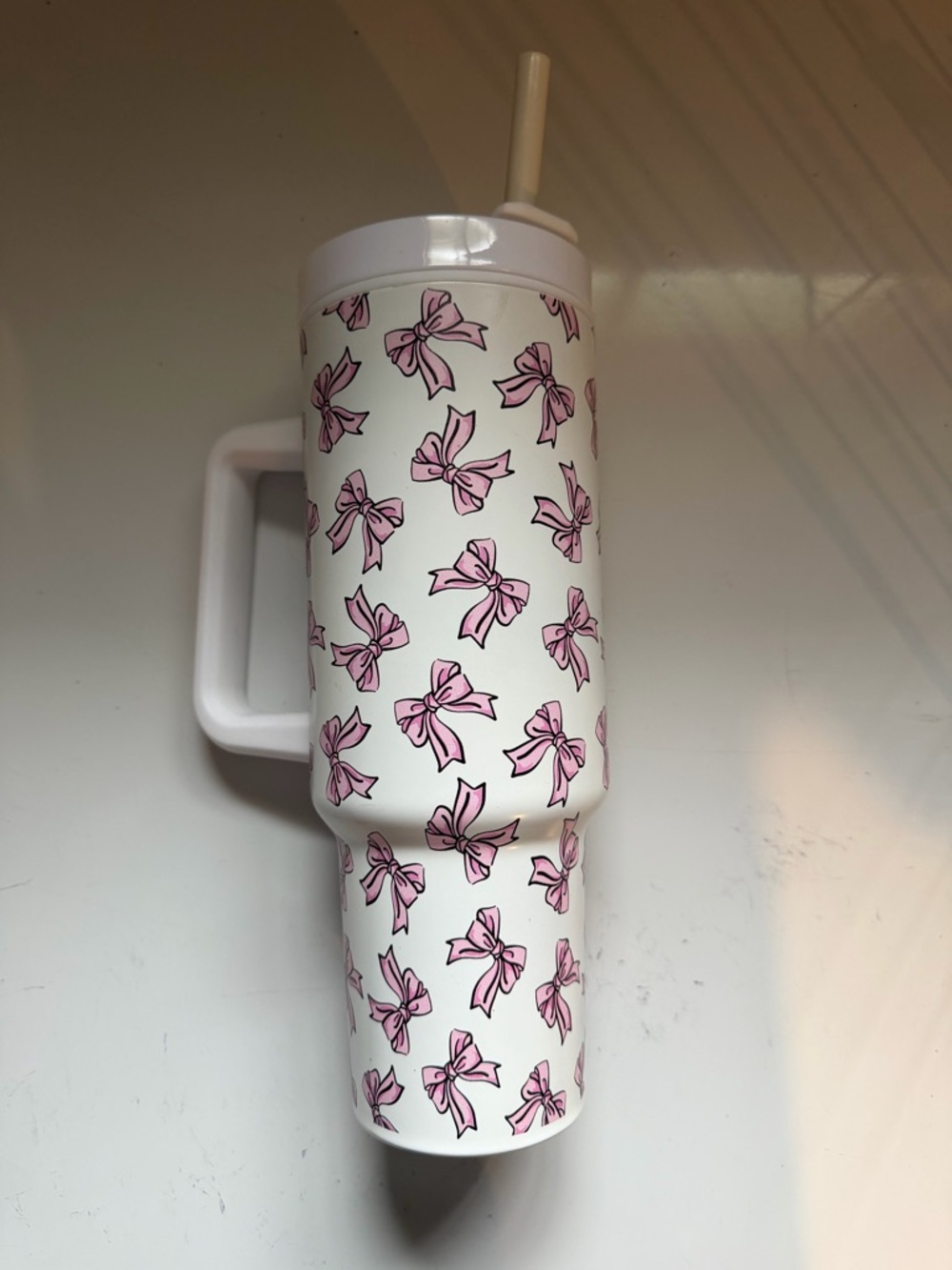 Pink Bow Patterned White Travel Tumbler with Handle